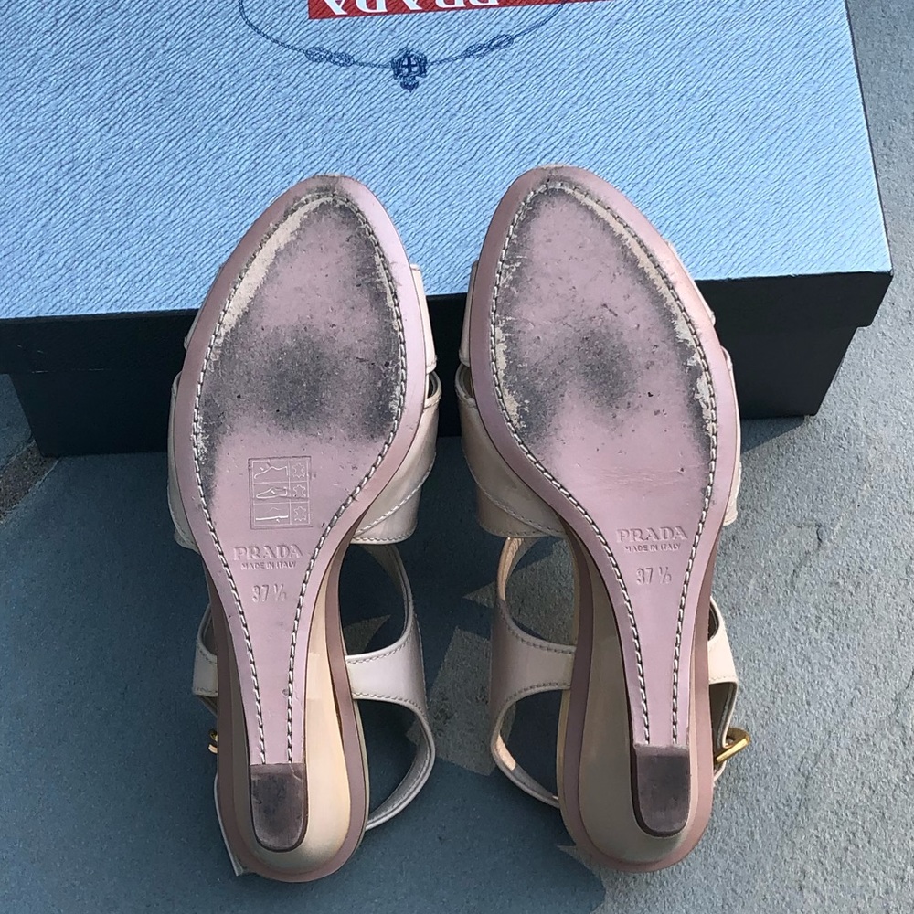Prada Logo Strappy Low Wedge Sandals Sz 37.5 - Picture 9 of 10